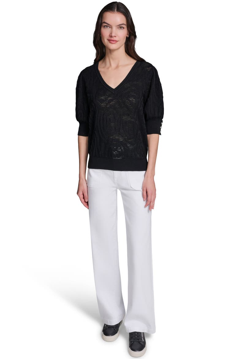 Floral Puff Sleeve Sweater, Alternate, color, BLACK
