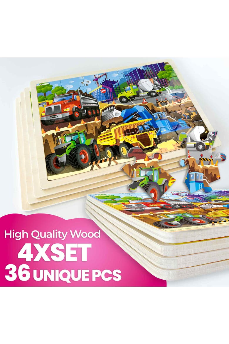 Kids Wooden Puzzle Set - 24, 36 & 48 Piece Montessori Jigsaw Puzzles, Alternate, color, Polar, Space, Cars, Dinosaurs