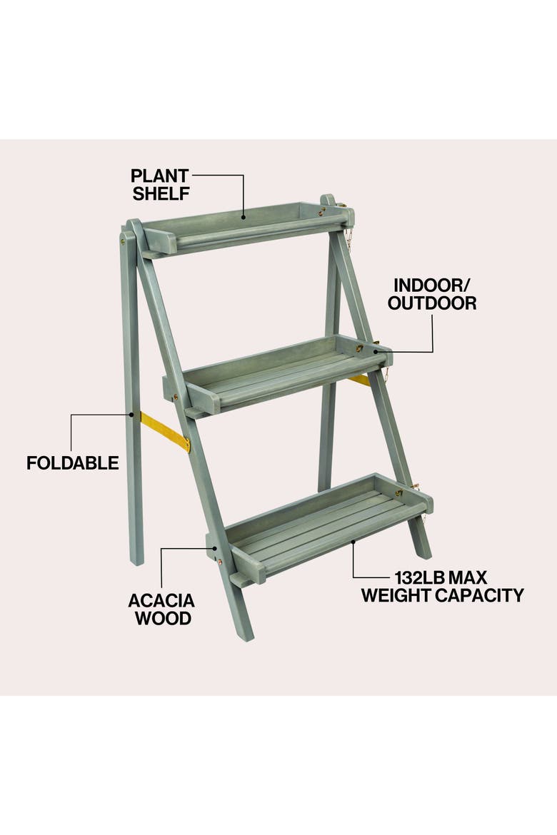 Hollis 3-Tier Acacia Wood Indoor/Outdoor Foldable Compact Freestanding Ladder Plant Stand Display Rack Shelf, Alternate, color, Gray Wash