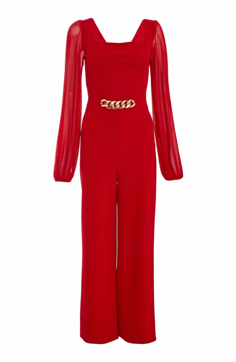QUIZ Scuba Crepe Chiffon Sleeve Jumpsuit, Alternate, color, Red