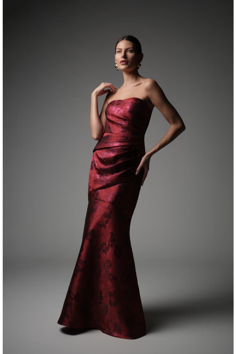 Sylvie Metallic Strapless Satin Gown, Alternate, color, CRIMSON MULTI