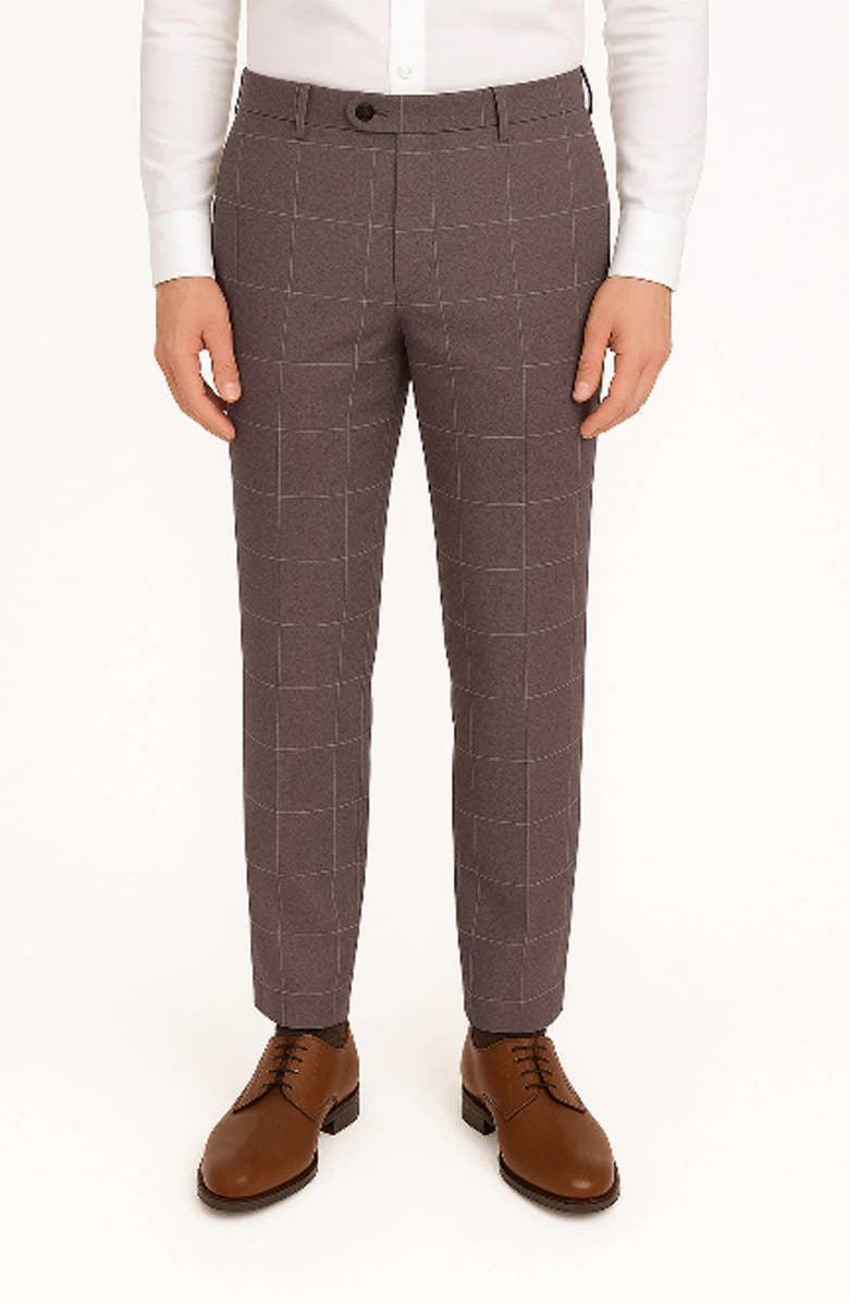 Berle Lightweight Windowpane Check Flat Front Mesh Weave Wool Dress Pants, Main, color, Taupe