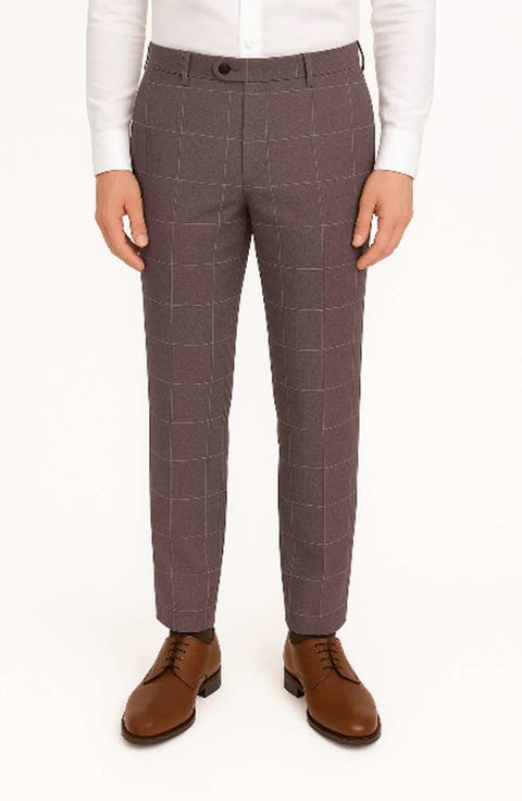 Lightweight Windowpane Check Flat Front Mesh Weave Wool Dress Pants