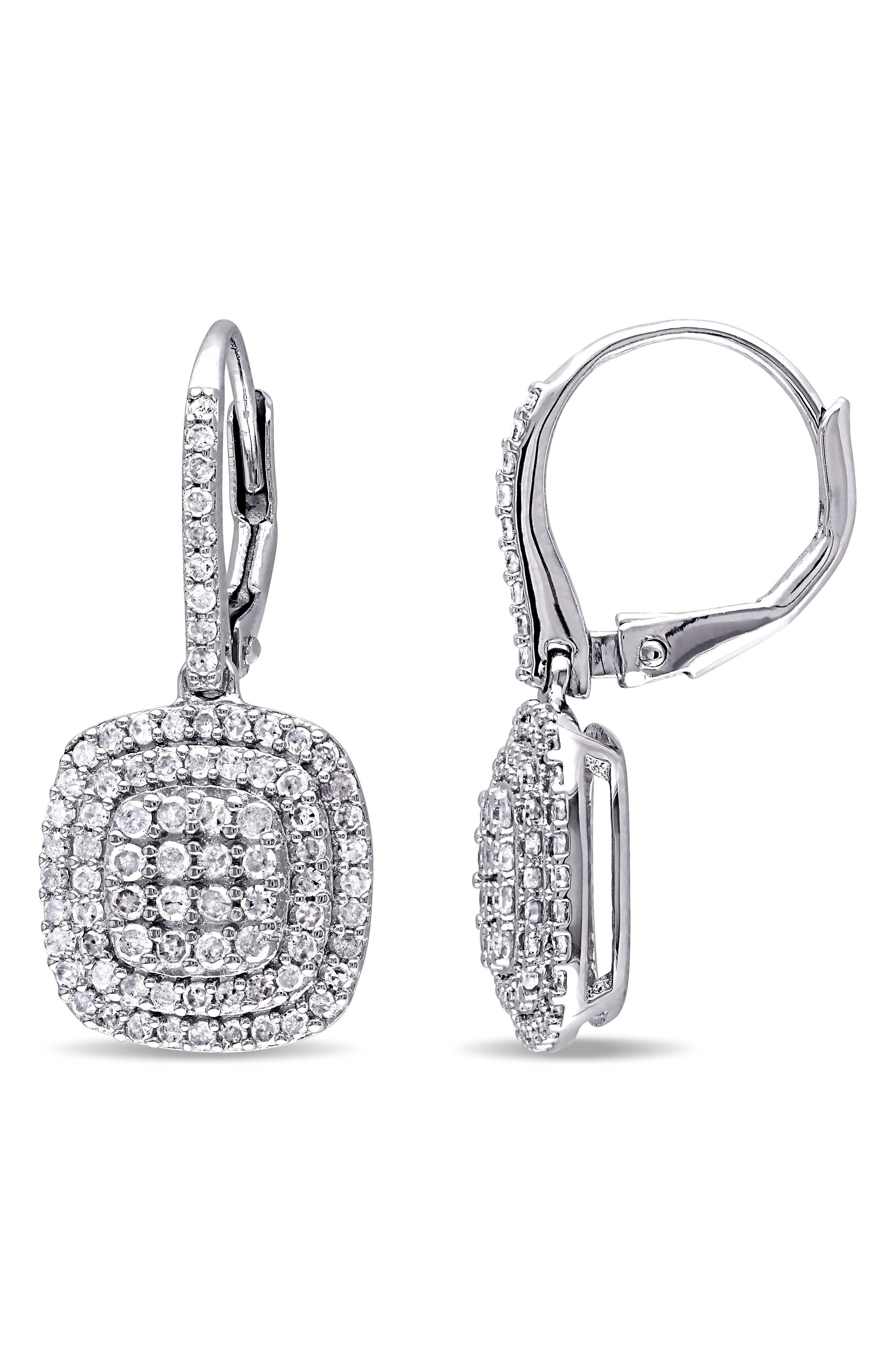 DELMAR Diamond Double Halo Drop Earrings - 0.97ct.