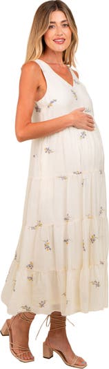 Ditsy Floral Embroidered V Neck Tiered Dress