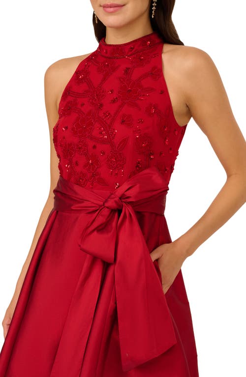 Adrianna Papell Floral Embroidered Beaded Taffeta High-low Gown In Red