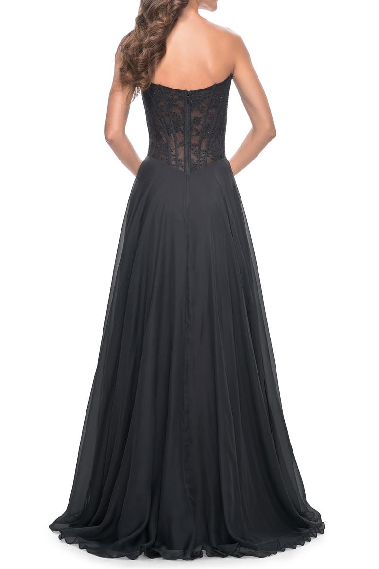 Strapless Chiffon Prom Gown with Lace Illusion Bodice, Alternate, color, Black