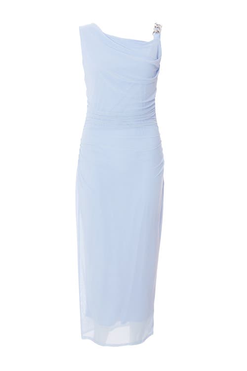 Quiz Mesh One Shoulder Chain Detail Maxi Dress In Pale Blue