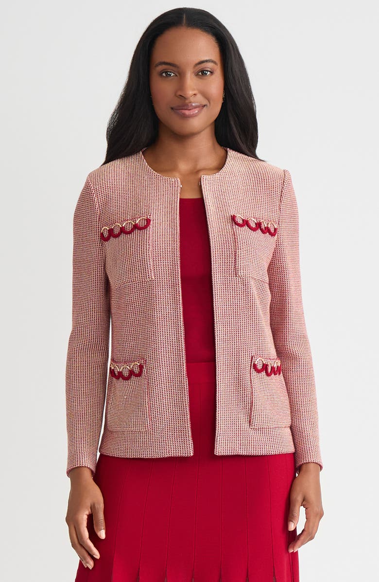 Misook Hertiage Lurex Ring Trim Knit Jacket, Main, color, Scarlet Red/Gold