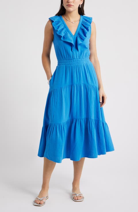 Ruffle Sleeveless Tiered Cotton Midi Dress