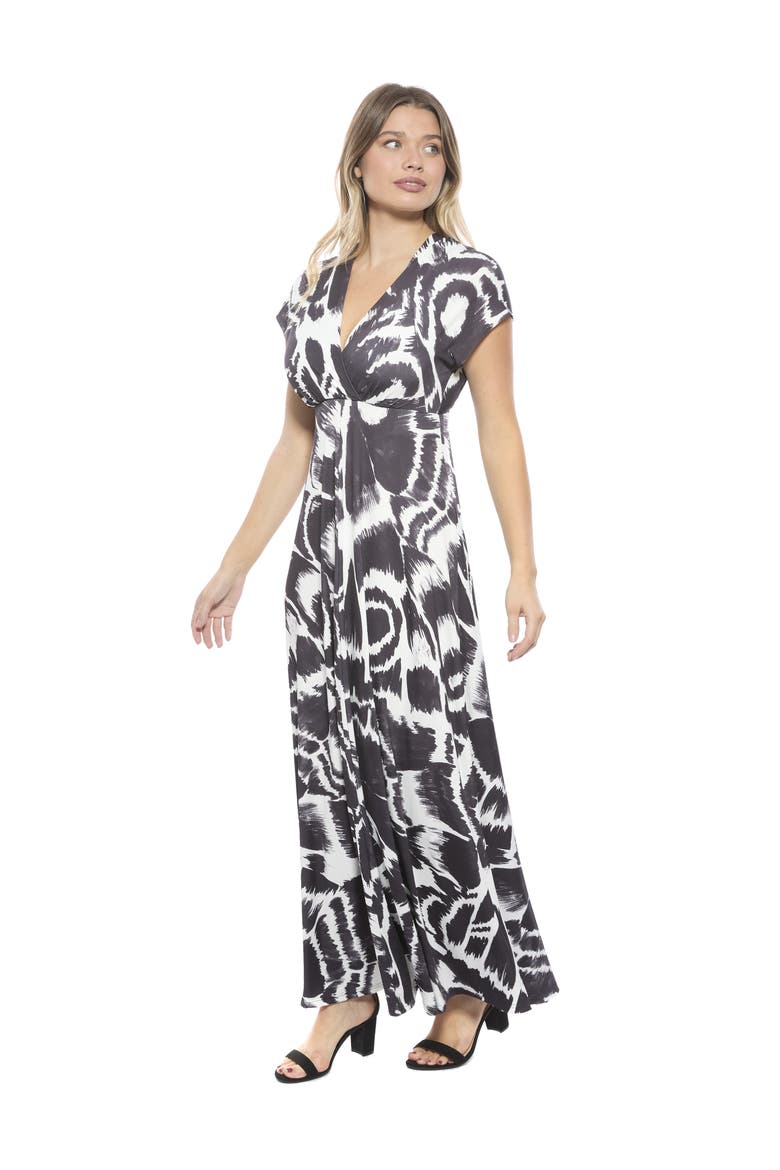 Womens Essential Abstract V-Neck Empire Waist Cap Sleeve Maxi Dress, Alternate, color, Black Multi