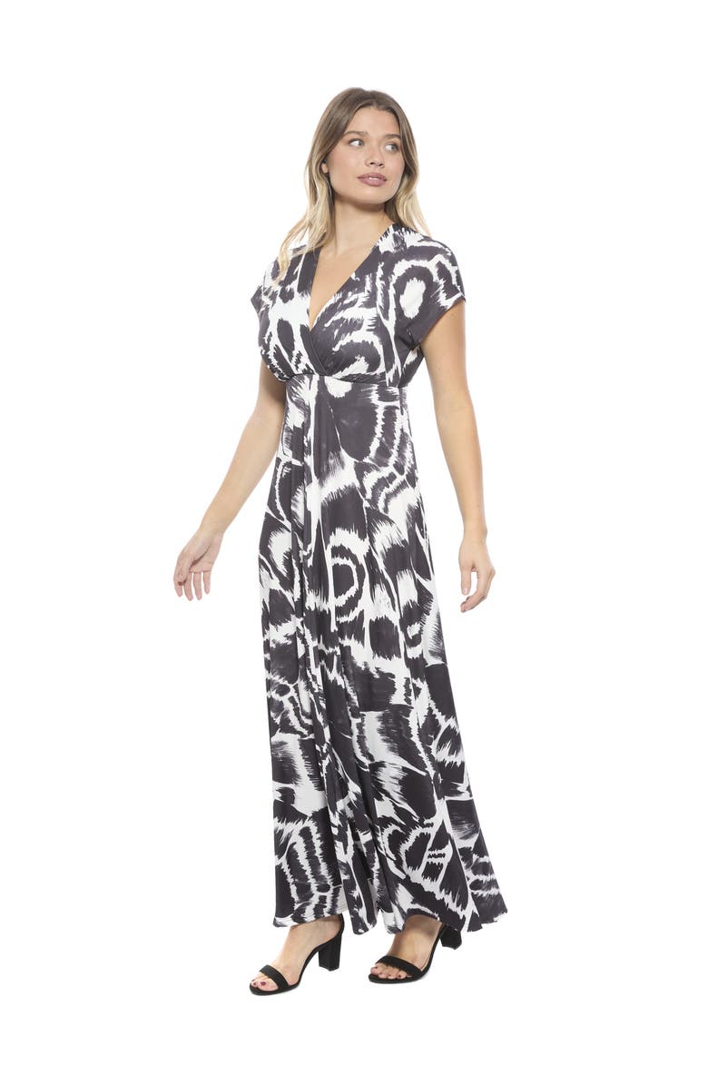 24seven Comfort Apparel Womens Essential Abstract V-Neck Empire Waist Cap Sleeve Maxi Dress, Alternate, color, Black Multi