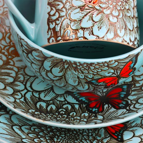 Elama Butterfly Garden 16 Piece Stoneware Dinnerware Set In Blue