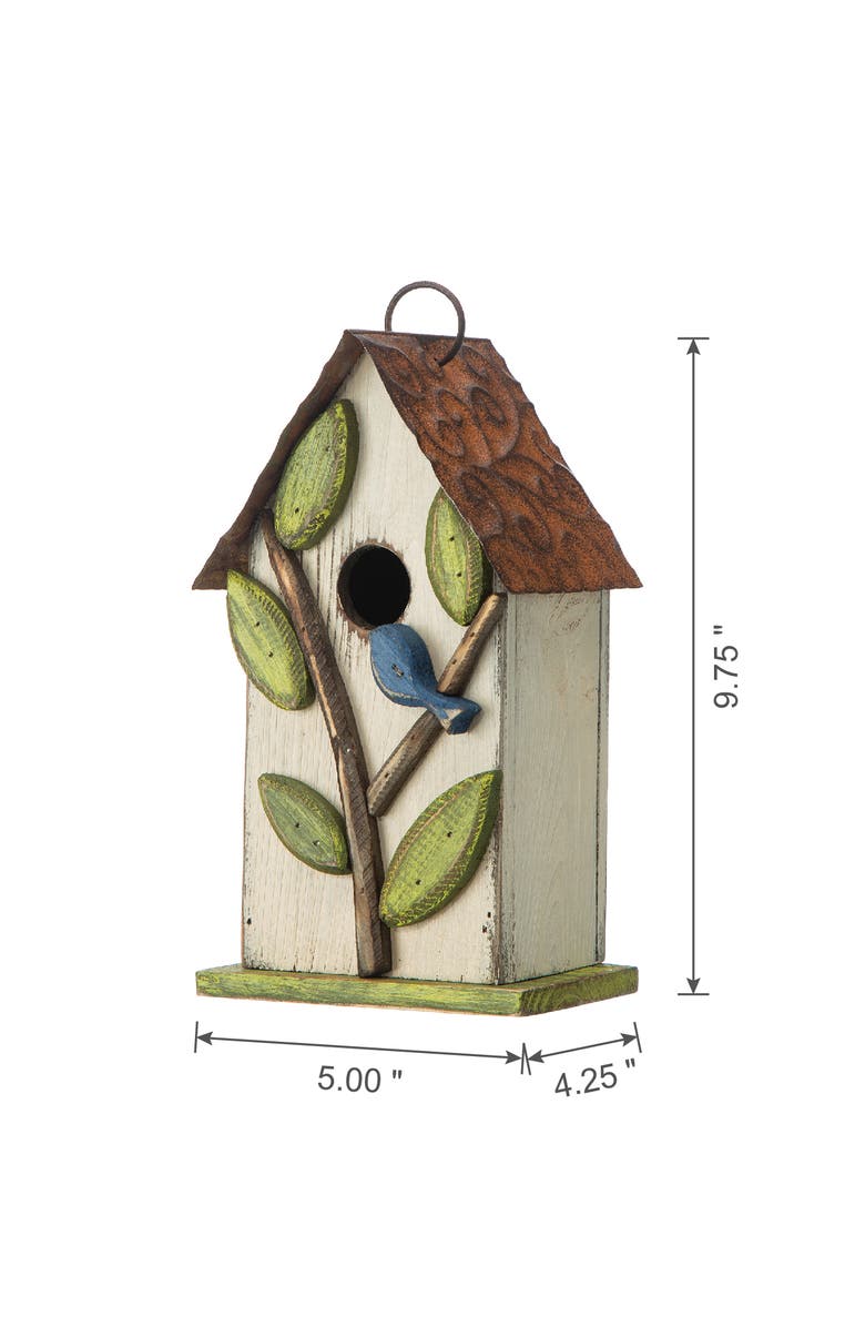 Glitzhome 10"H Multicolor Cute Distressed Solid Wood Birdhouse with 3D Flowers, Alternate, color, White