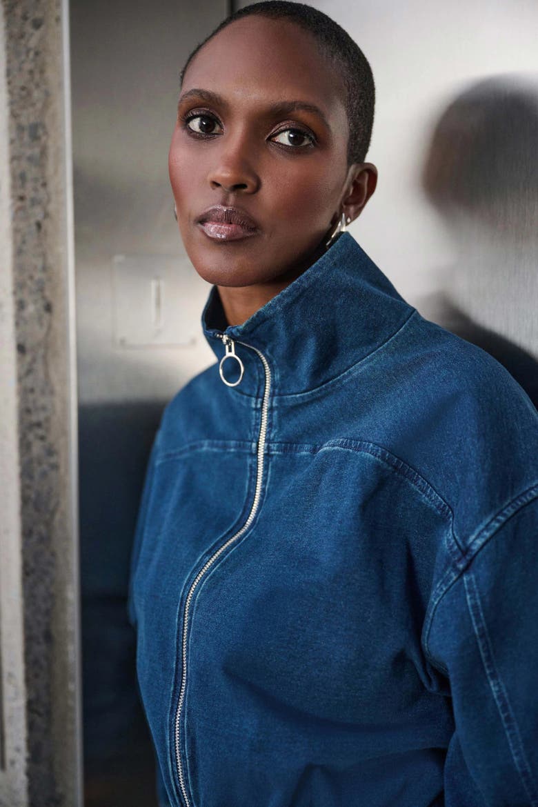 Knit Denim Funnel-Neck Bomber Jacket, Alternate, color, Dark Denim Blue