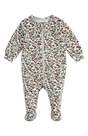 Petit Lem Raspberry Bush Print One Piece Cotton Footie Pajamas In Beige