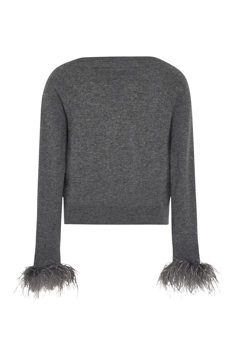 Feather Cuff V-Neck Sweater, Alternate, color, GREY HEATHER