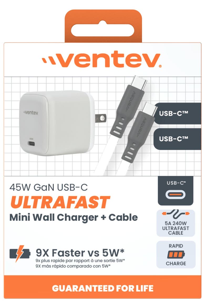 45W ULTRAFAST USB-C Universal GaN Mini Wall Charger and 240W USB-C to USB-C Cable, Alternate, color, White