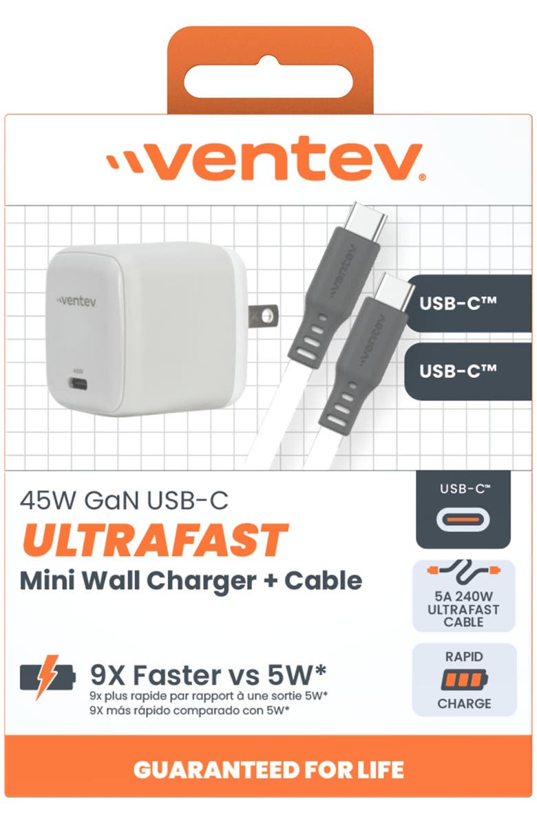 Ventev 45W ULTRAFAST USB-C Universal GaN Mini Wall Charger and 240W USB-C to USB-C Cable, Alternate, color, White
