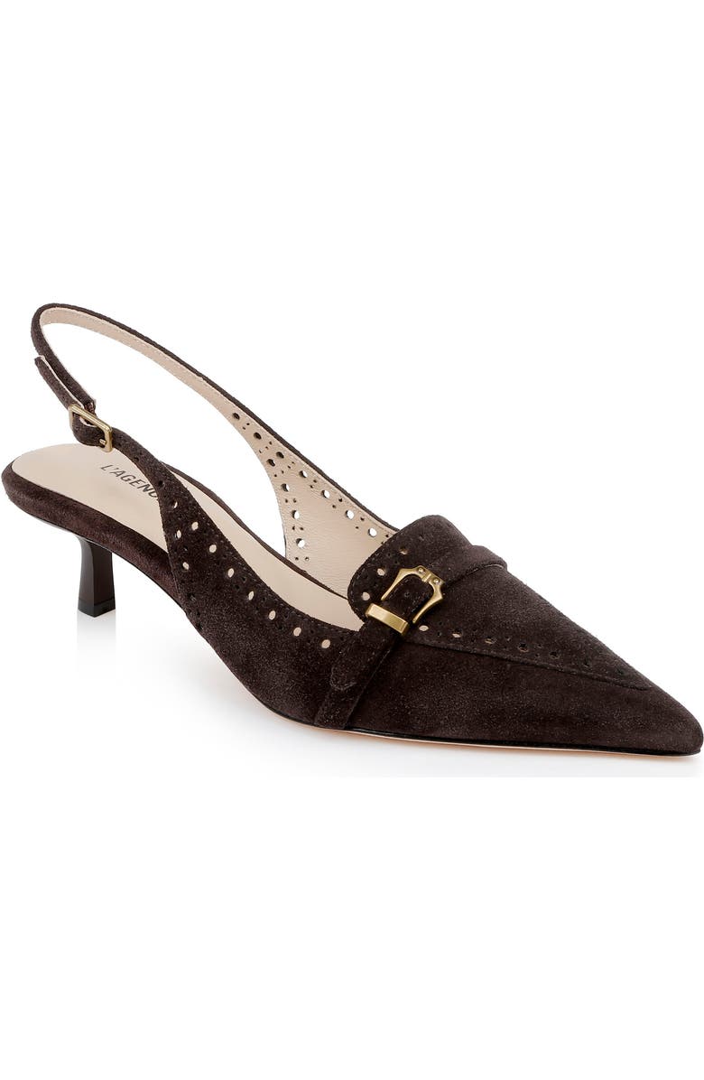 L'AGENCE Lourdes Slingback Pointed Toe Kitten Heel Pump, Main, color, Dark Brown Suede