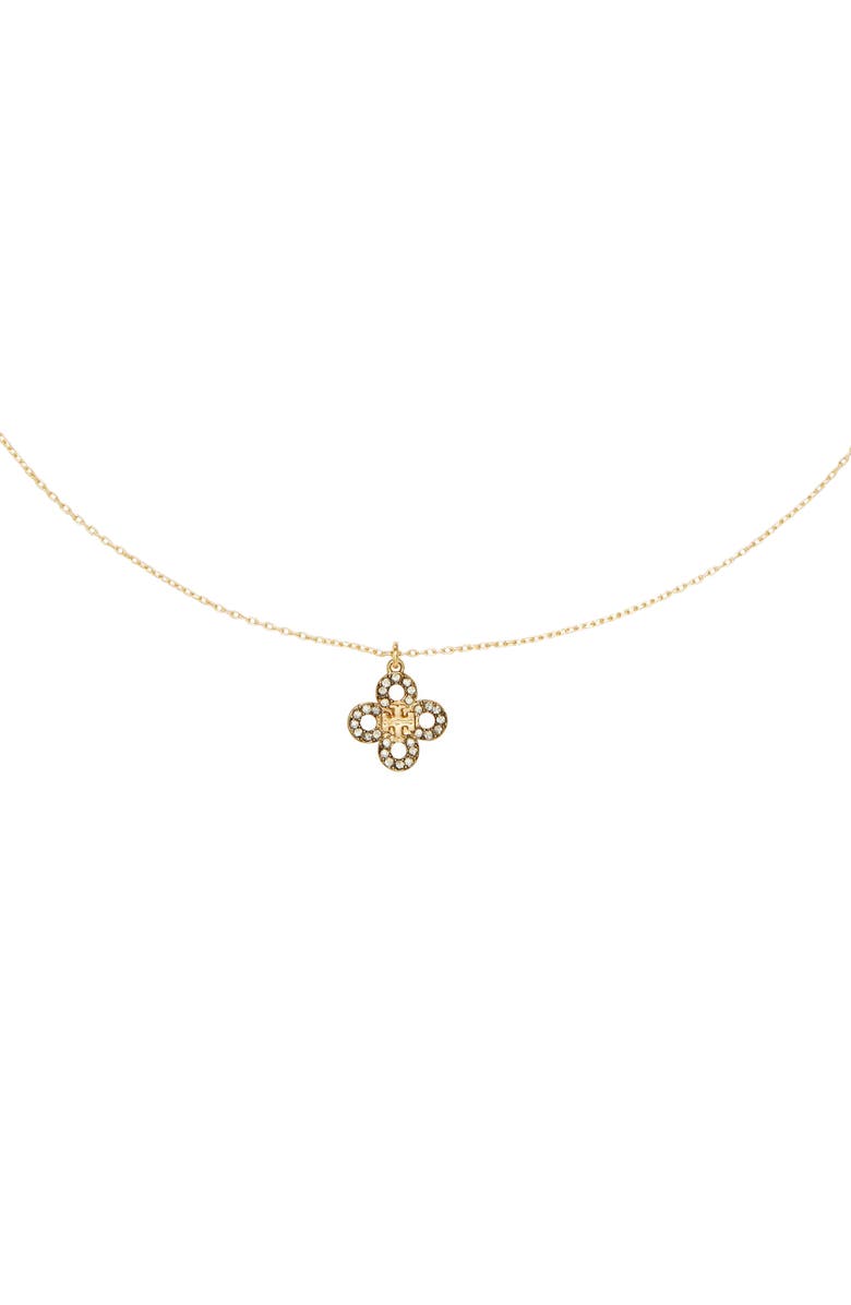 Tory Burch Kira Crystal Clover Pendant Necklace, Alternate, color, 