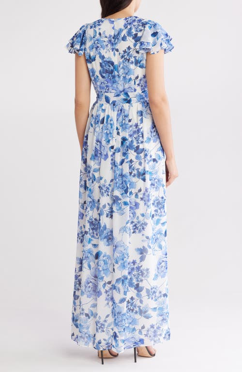 ELIZA J ELIZA J FLORAL FLUTTER SLEEVE FAUX WRAP MAXI DRESS
