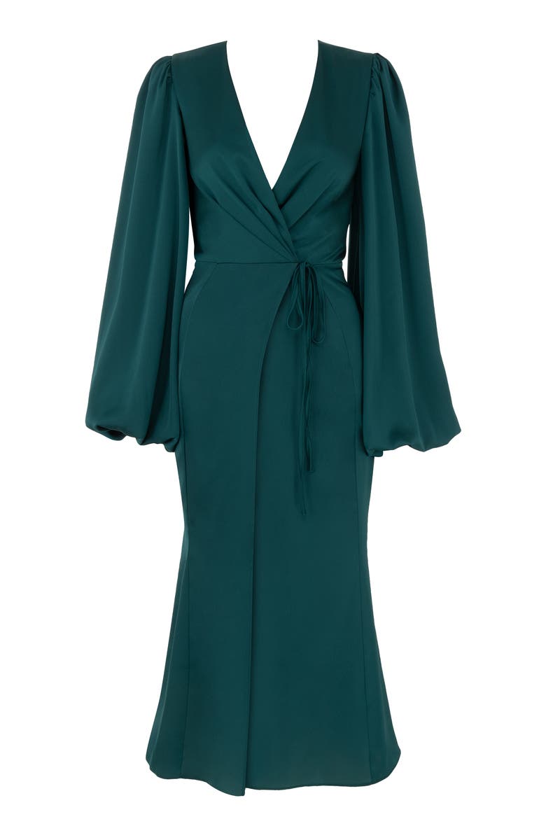 Shiloh Long Sleeve Satin Wrap Dress, Alternate, color, EMERALD GREEN