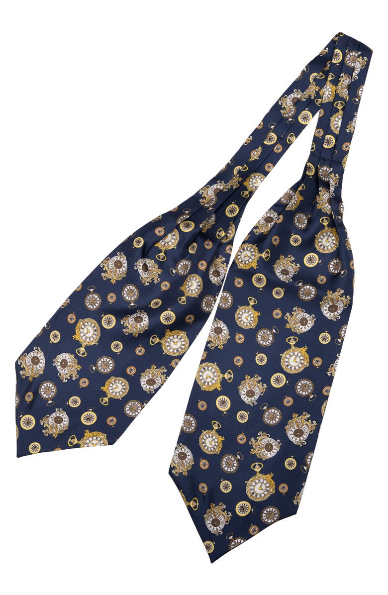 Elizabetta Gilded Keeper - Silk Ascot Cravat Tie for Men, Alternate, color, Navy