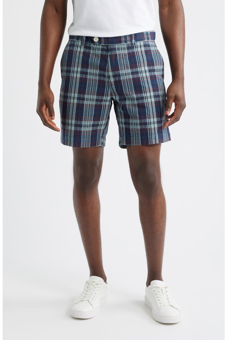 Plaid Flat Front Cotton Seersucker Shorts, Main, color, NAVY MADRAS