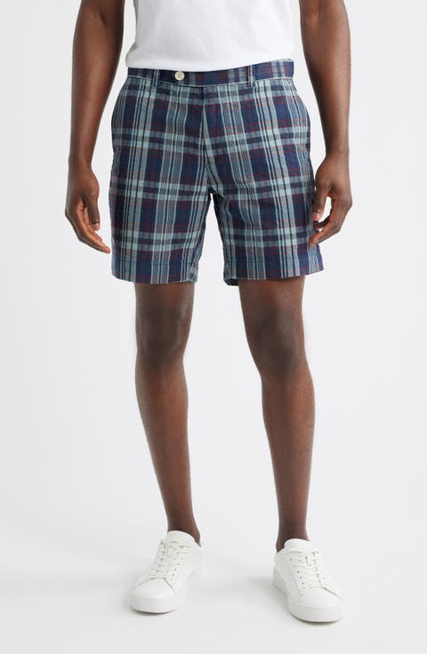 Plaid Flat Front Cotton Seersucker Shorts