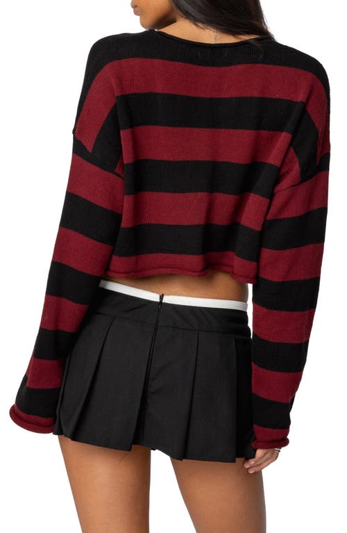 Edikted Shyrah Stripe Oversize Knit Crop Top In Burgundy-and-black