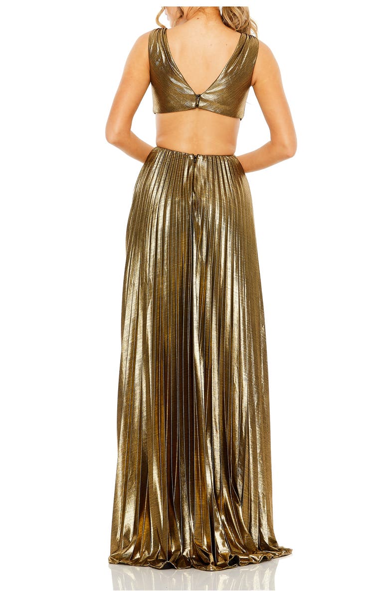 Mac Duggal Pleated Metallic Cutout Bodice With Open Back Gown, Alternate, color, Antique Gold