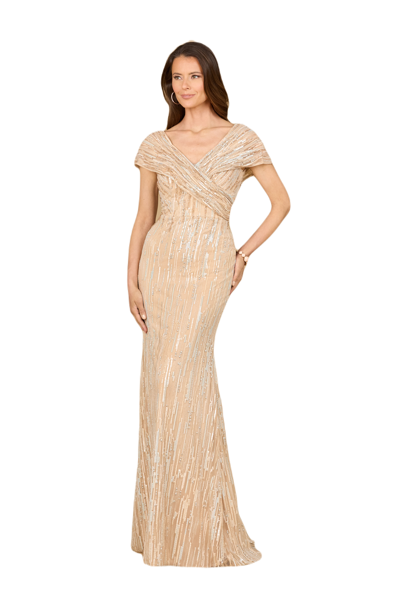 LARA New York Lace Gown with Cape Sleeves and V-neckline, Main, color, Dustyblue