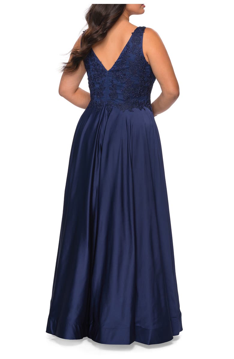 La Femme A-line Plus Size Dress with Rhinestone Lace Bodice, Alternate, color, Navy
