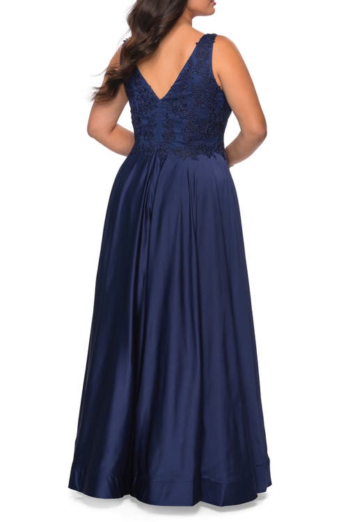 La Femme A-line Plus Size Dress With Rhinestone Lace Bodice In Blue