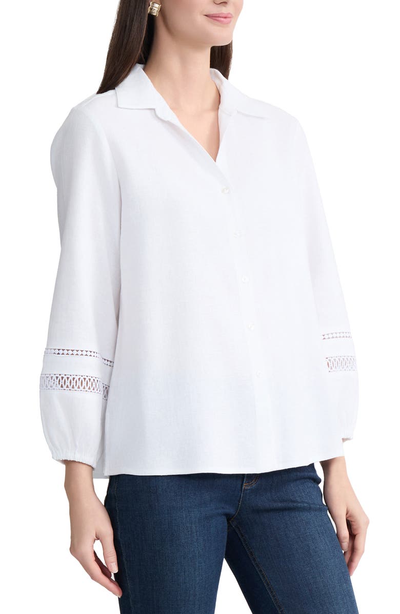 Jones New York Openwork Trim Button-Up Shirt, Alternate, color, Natural White