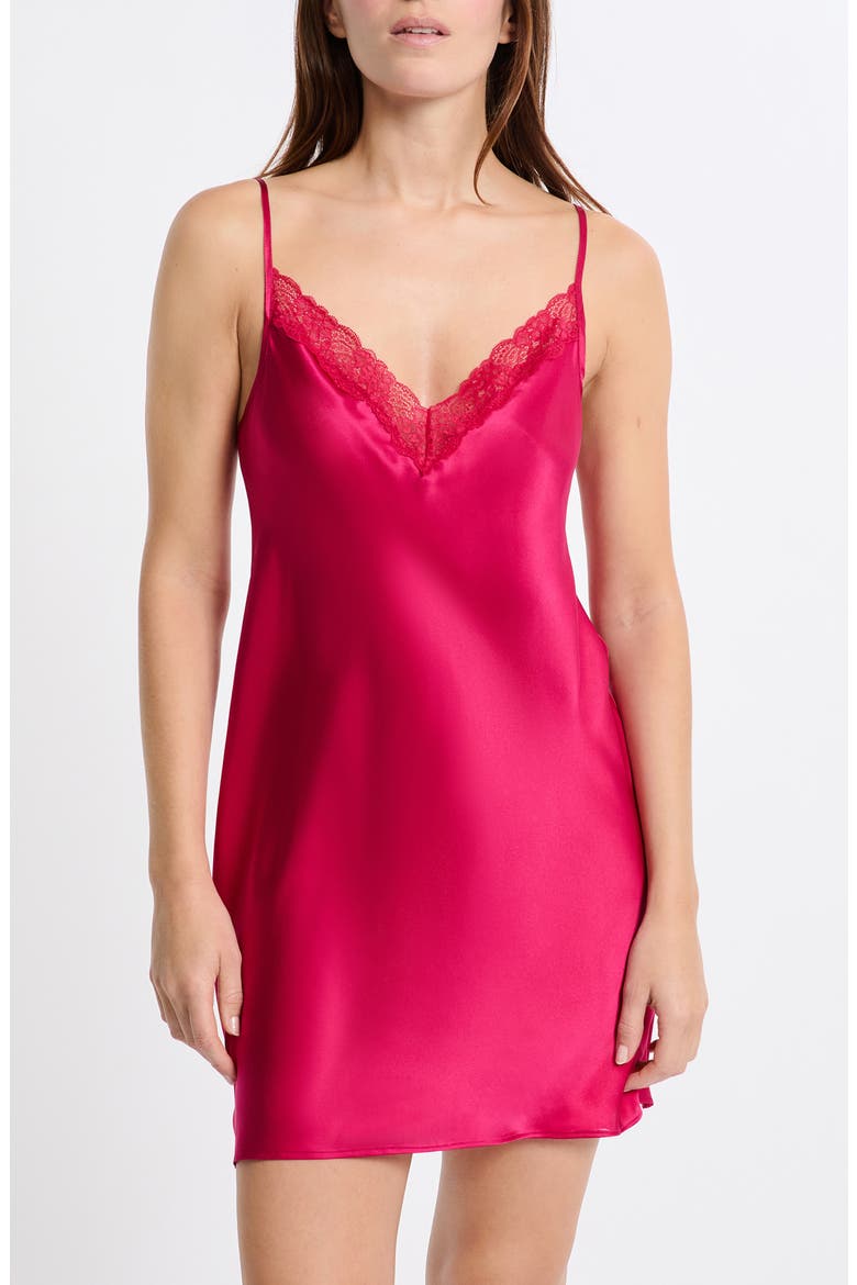 Milky Lace Trim Silk Chemise, Main, color, PETUNIA