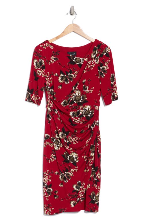 Connected Apparel Floral Shirred Waist Knit Dress In Red