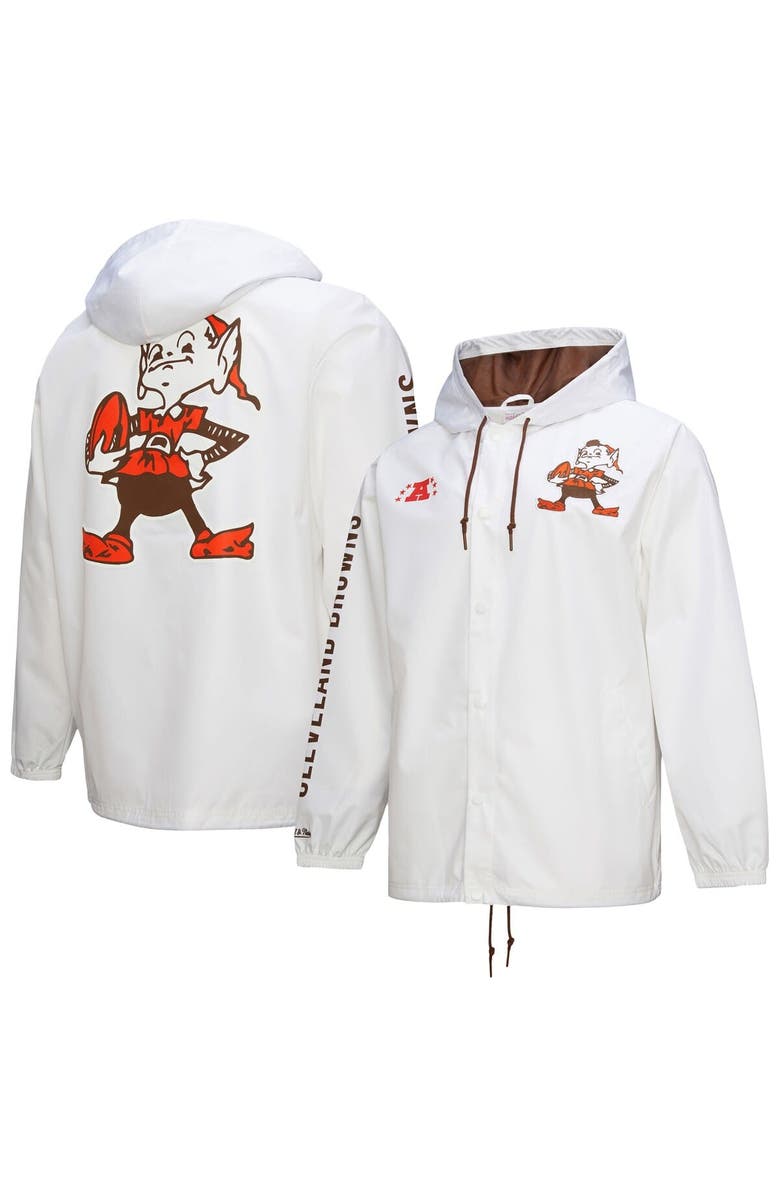 Mitchell & Ness Men's Mitchell & Ness White Cleveland Browns Vintage Logo Coaches Full-Snap Hoodie Jacket, Main, color,