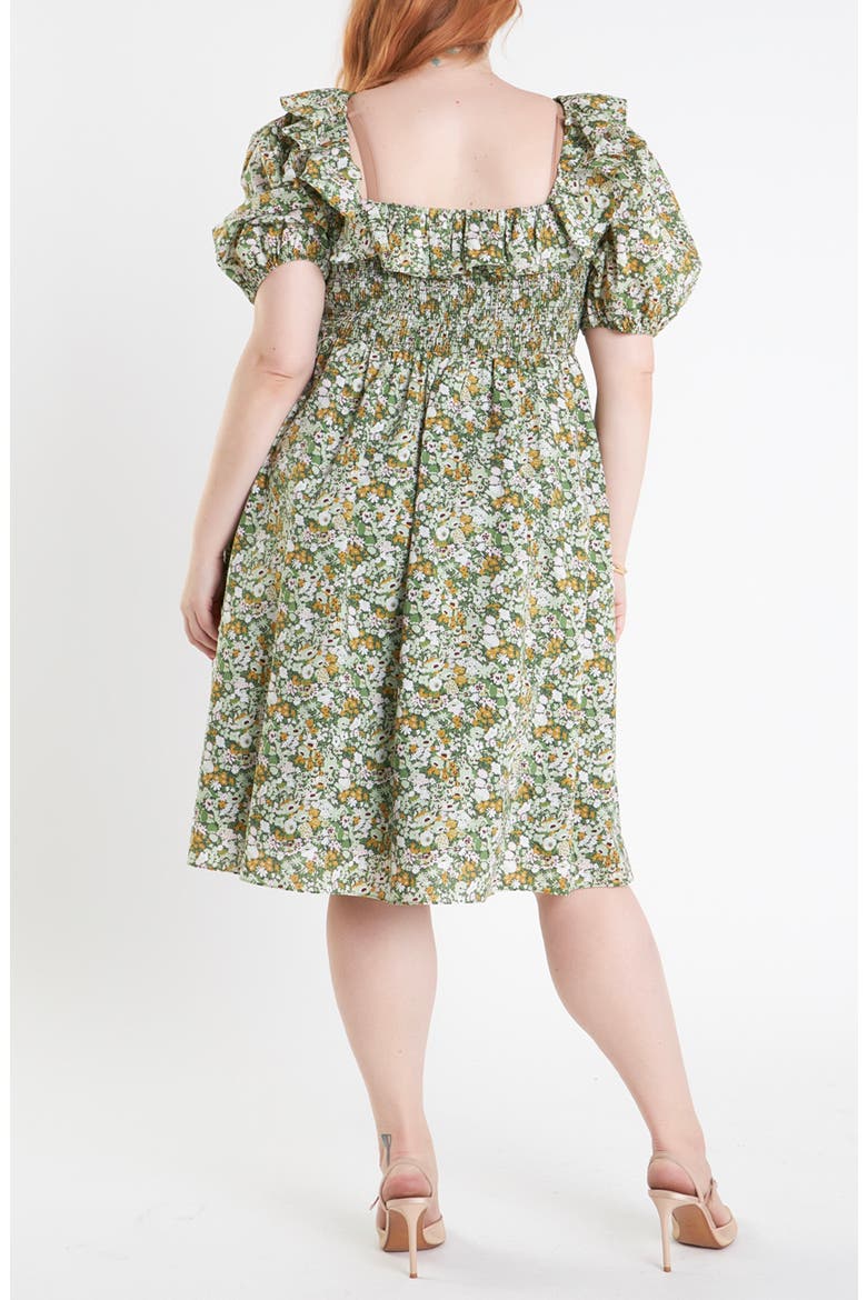 Smocked Puff Sleeve Floral Cotton Dress, Alternate, color, GREEN MULTI