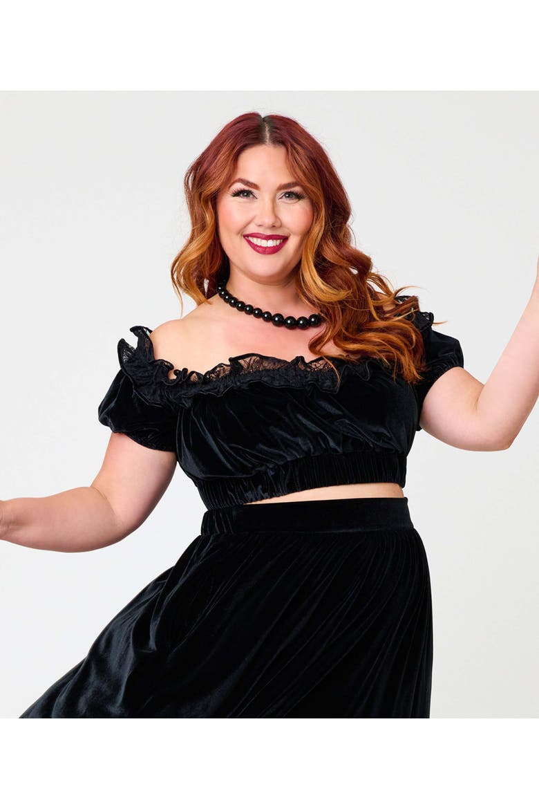 Plus Size 1970s Off Ruffle Up Crop Top, Main, color, Black Solid