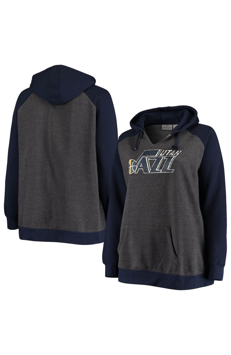FANATICS Women's Fanatics Branded Charcoal/Navy Utah Jazz Plus Size Raglan Notch Neck Pullover Hoodie, Main, color,