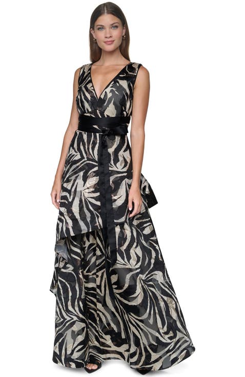 Printed Jacquard V-neck Gown with Layered Skirt