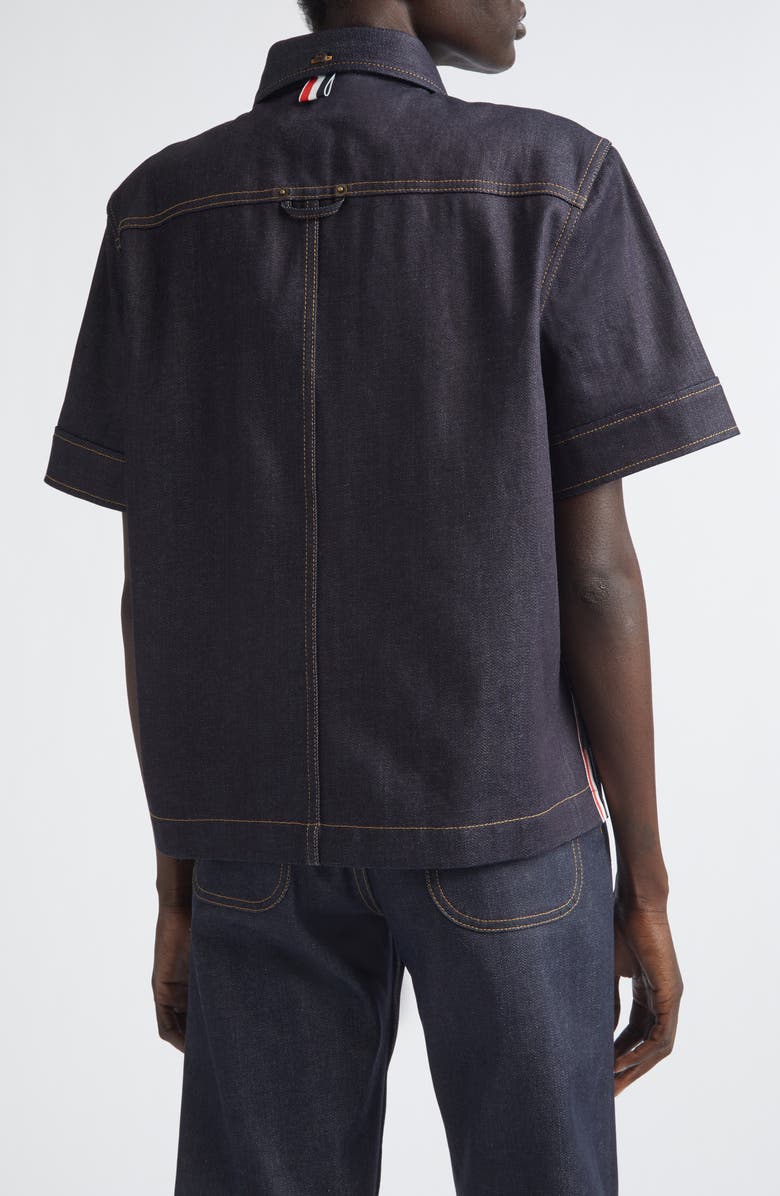Thom Browne Short Sleeve Denim Button-Down Shirt, Alternate, color, Navy