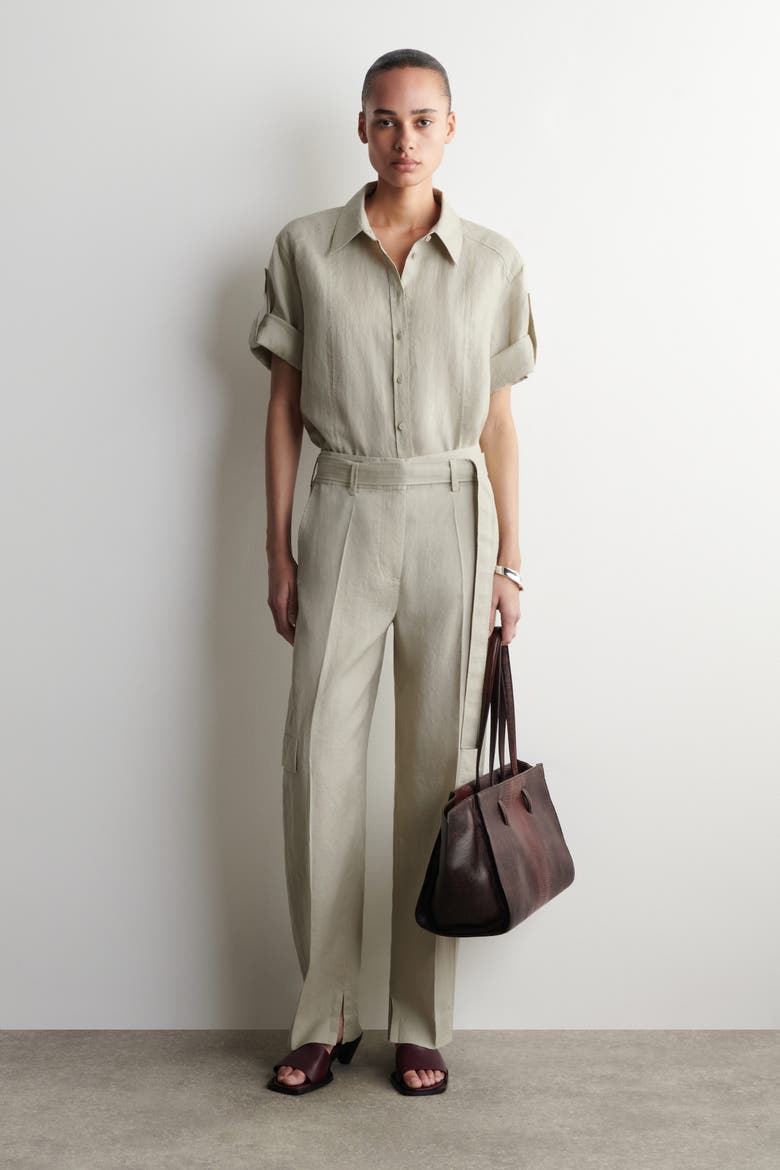 Belted Linen Barrel-Leg Pants, Main, color, BEIGE