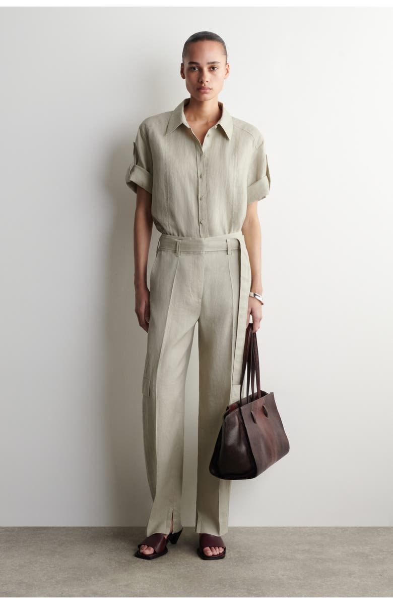 COS Belted Linen Barrel-Leg Pants, Main, color, Beige