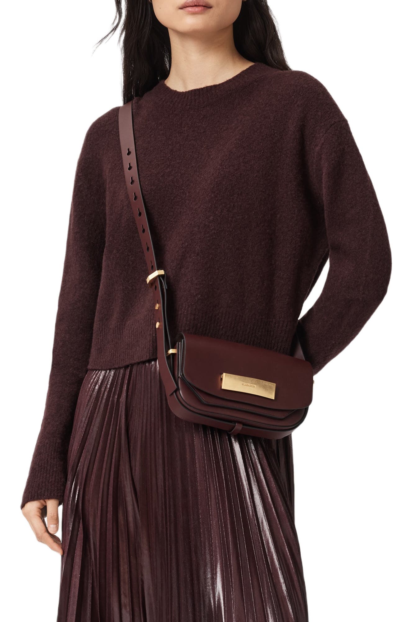 AllSaints Etta Leather Crossbody Bag, Alternate, color, Dark Red