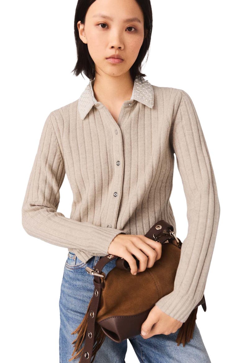Cardigan with removable bead collar, Alternate, color, Beige