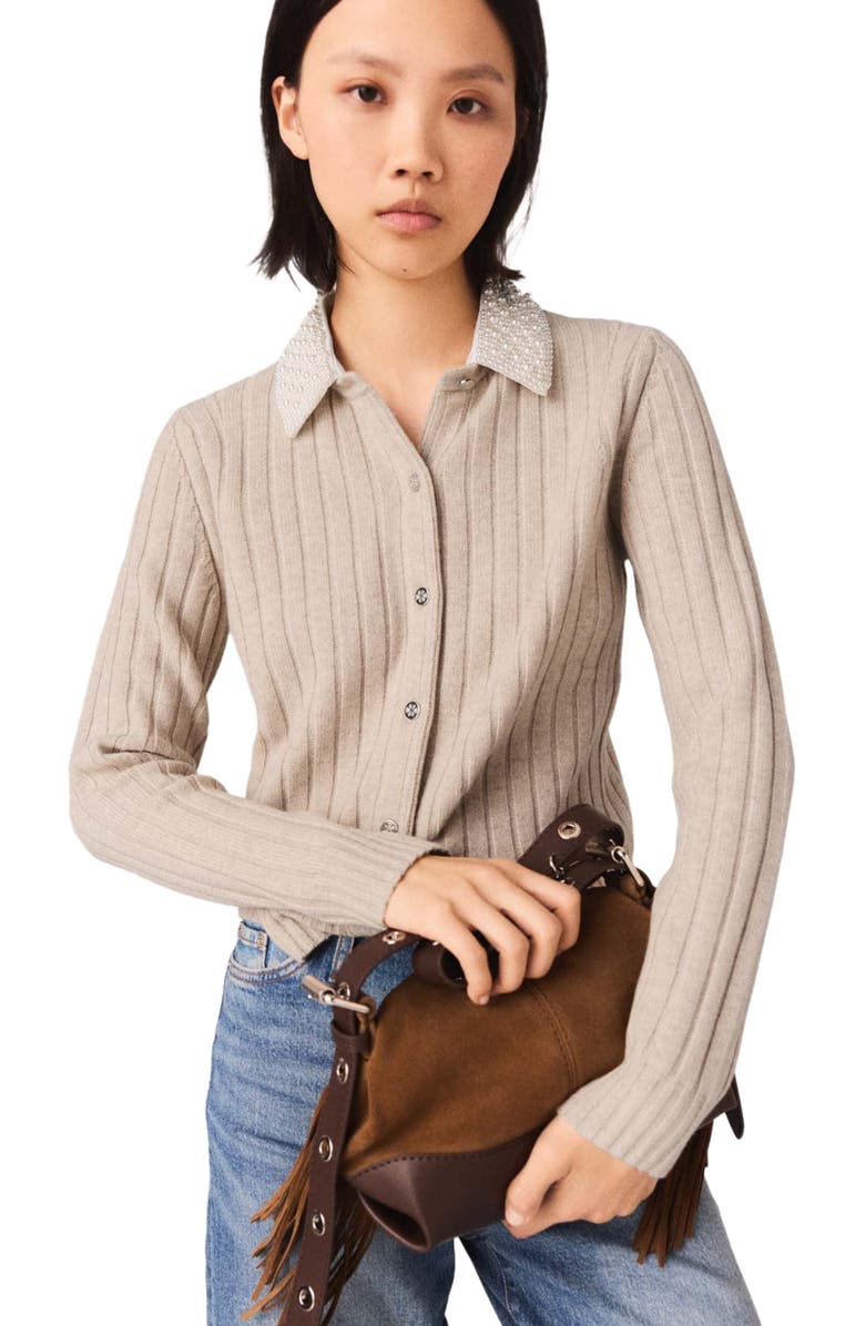 maje Cardigan with removable bead collar, Alternate, color, Beige