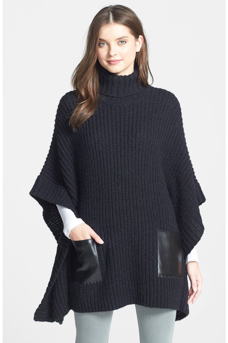 Faux Leather Pocket Turtleneck Poncho, Main, color, BLACK